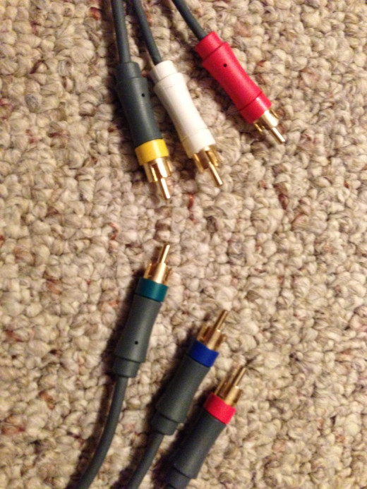 The component connectors are the dark green, red and blue connectors on their own branch. The red and white audio connectors are on the other branch of the cable.