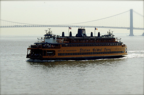 Statan Island Ferry John F. Kennedy with Verrazano Narrows Bridge in background.