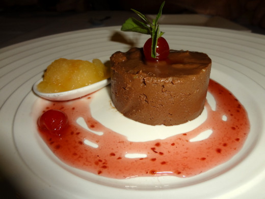 Cherry sauce dresses up chocolate mousse
