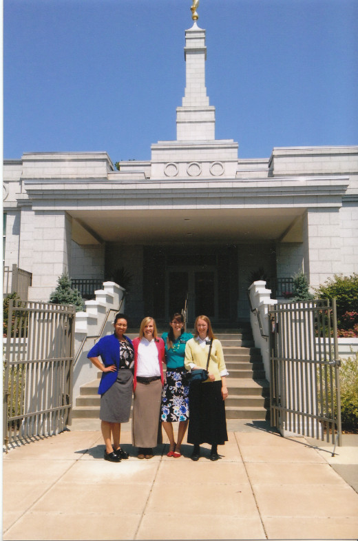 From right to left:  Sister Broom, Sister Johnson (my companion at that time) Sister Elscholz, me (Sister Knight)  in front of the St. Paul Temple, Minnesota