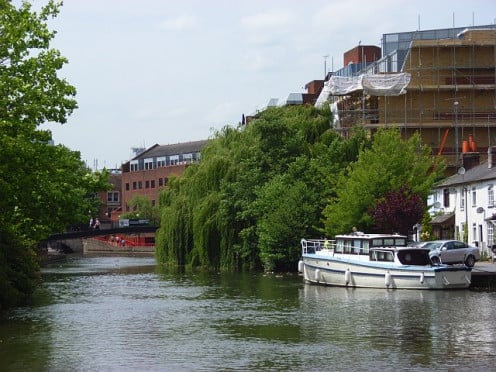 The Kennet River, Reading, looking upstream towards the town centre. 