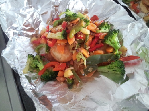 Add the veggies and chicken