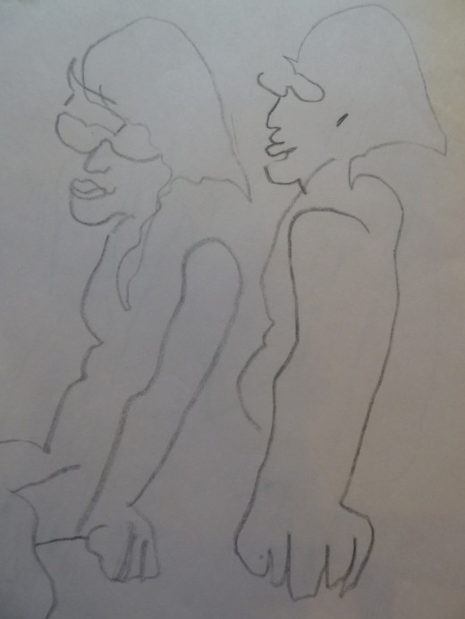 "Two Girls with Glasses" Charcoal on Newsprint, 24 x 18" Many blind contour drawings have a unique and charming appeal.
