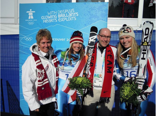 Nancy Greene Raine, 1986 Olympic Alpine Gold Medallist, with Jacobsom, Mancuso and Vonn in Vancouver, 2010.