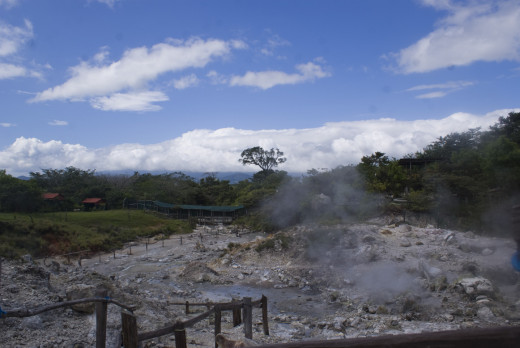 A view of Las Hornillas crater and hot springs, a great place for a day visit.  There are hot springs pools, a bar, a restaurant and you can do tours on horseback or or a walk to a beautiful waterfall nearby.