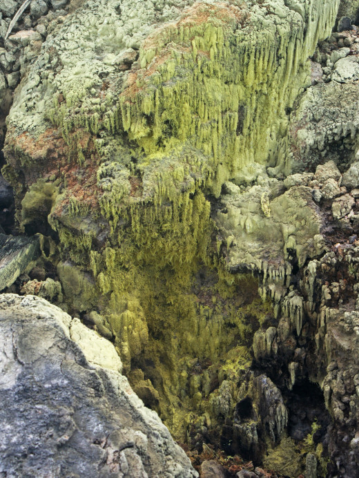Sulfur deposits around a steam vent at Las Hornillas.