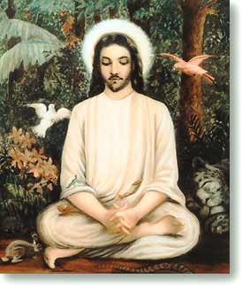 Jesus Meditating in the Forest. This painting was commissioned by Swami Trigunatitananda, the disciple of Sri Ramakrishna, based on a painting he saw in a monastery in Tibet where he was shown an ancient text which documented Jesus' stay there.