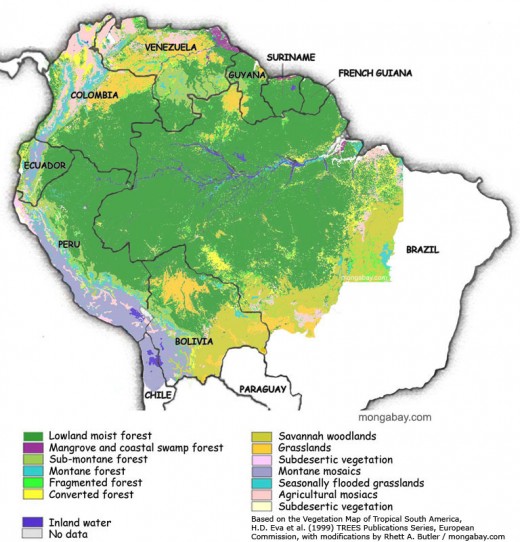 This map shows the indigenous forest types of Brazil. A lot of it has been lost to slash and burn agriculture and development.
