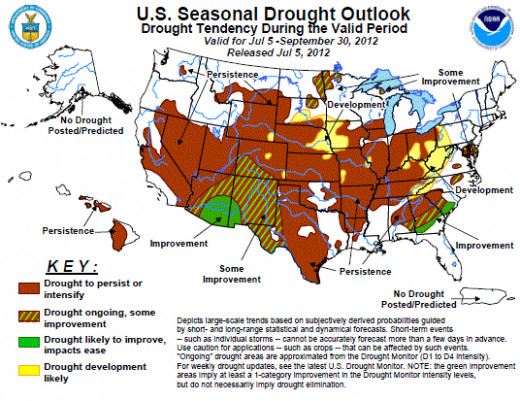 Drought outlook for US, late summer 2012.  Image courtesy NWS-CPC & Wikimedia Commons.