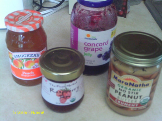 Peanut butter with a variety of jelly & jam