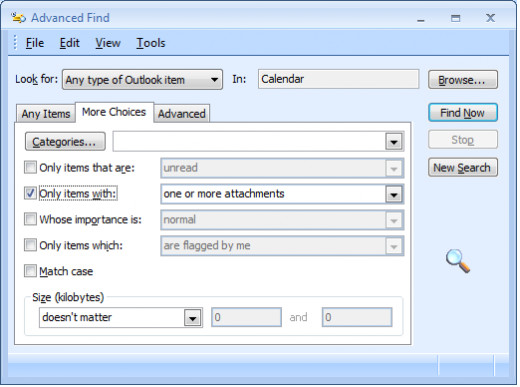 Use Advanced Find in Outlook 2007 to find Calendar items with attachments.