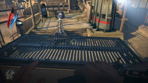 Dishonored - defeat the guards by turning the arc pylon against them and then get onto Kaldwin's Bridge