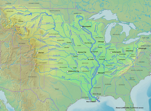 Entire Mississippi River Basin, from Canada to the Gulf of  Mexico. Note the fan shape.