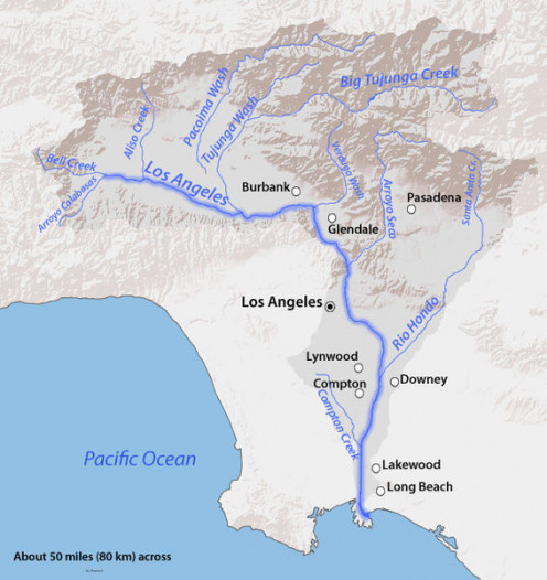 Los Angeles River Basin from the San Gabriel Mountains to the Pacific Ocean.