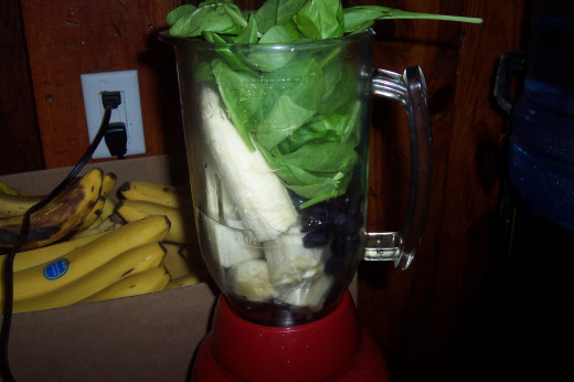 Bananas, blueberries and spinach smoothie.