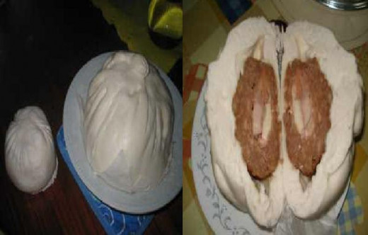Left Side Picture: See the difference, a regular size of a siopao versus the Jumbo Siopao. Right sIde Picture: The inside of the siopao, full of meat, contains many flavor like bola-bola, asado,pork and chicken.