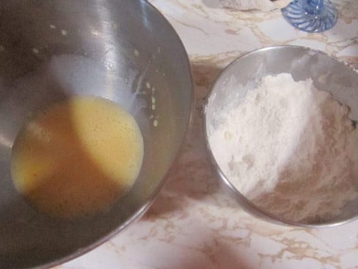 Eggs and flour for fried chicken batter