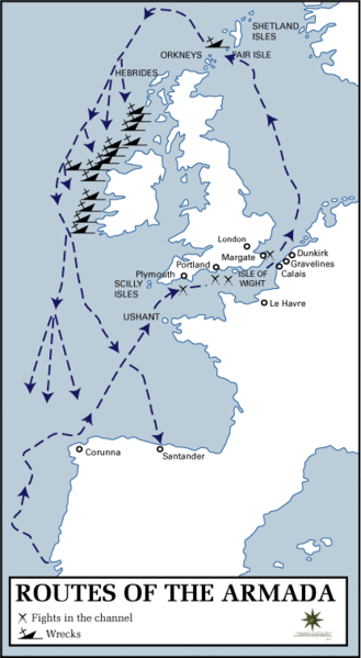 A map showing the route undertaken by the Spanish Armada.