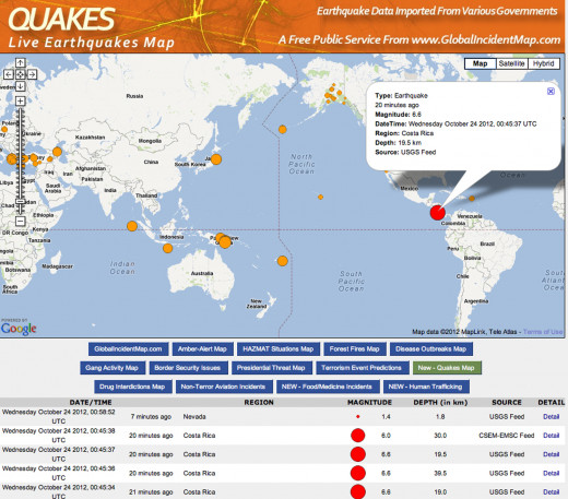 Big earthquake in Costa Rica October 23, 2012 follows volcanic eruptions and flooding.
