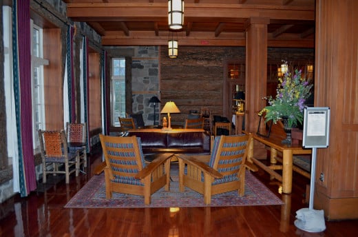 Just one of many seating areas at Crater Lake Lodge on the main floor.  You can order drinks or food, read, or simply admire the view.