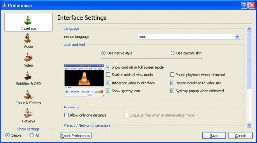 VLC media player interface tab in settings.