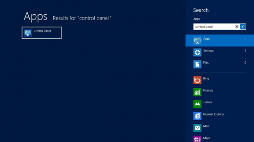 Navigate to the Windows 8 Start screen and then type "control panel." Click "Control Panel" on the left side of the Apps screen that appears displaying search results.