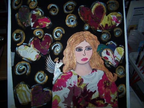 This is a new design I created on fabric, using both paint and collage, that is being made into a custom made art bag/tote!