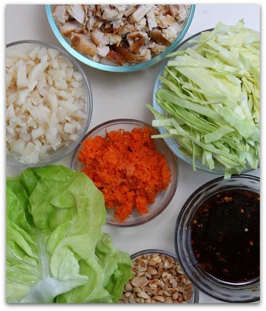 Some of the ingredients used in a lettuce wrap.