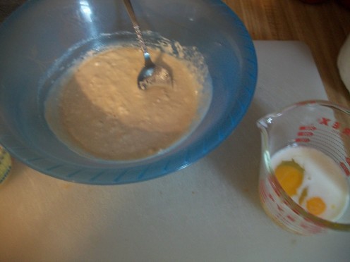 Bisquick mixture and eggs, ready to be scrambled.