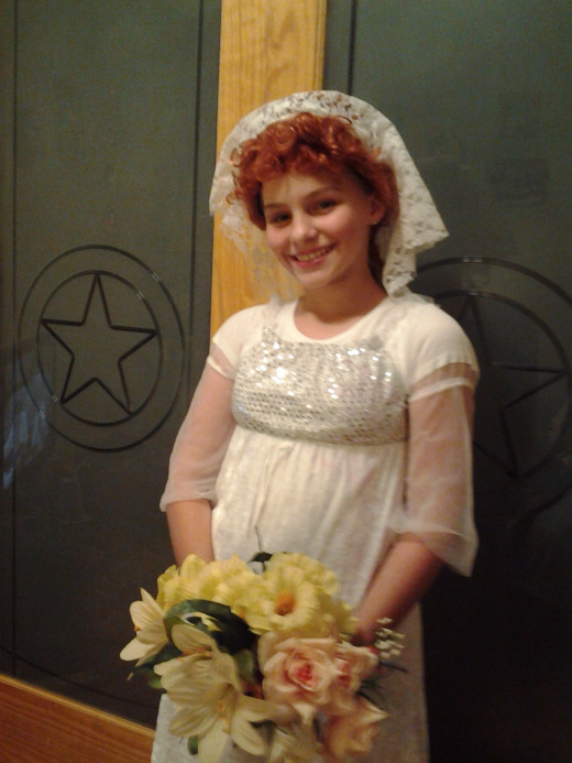 Shelly wearing last years bridal costume with my Lucy wig.