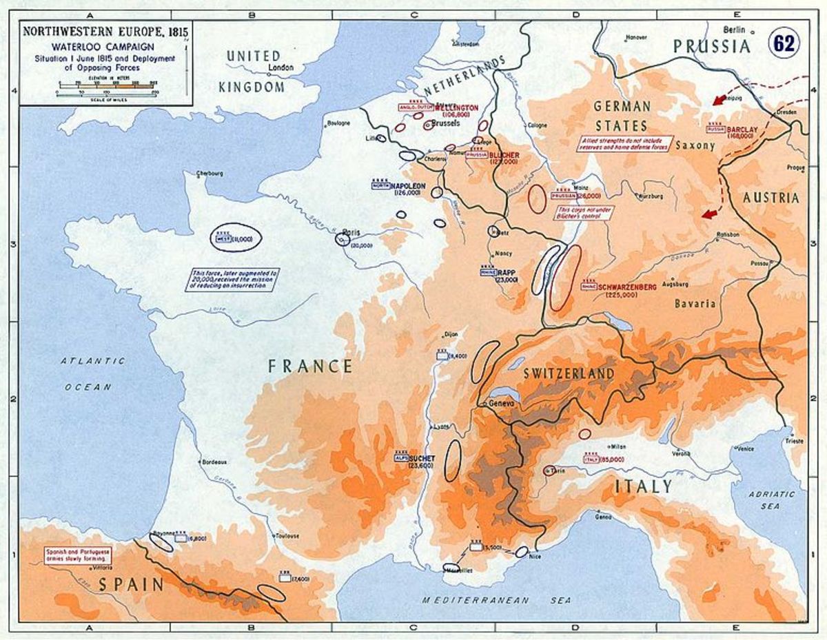 In 1815, roughly 250,000 French soldiers faced a force of 850,000 Coalition soldiers on four fronts. Napoleon was forced to keep 20,000 men in western France to stem a Royalist uprising.