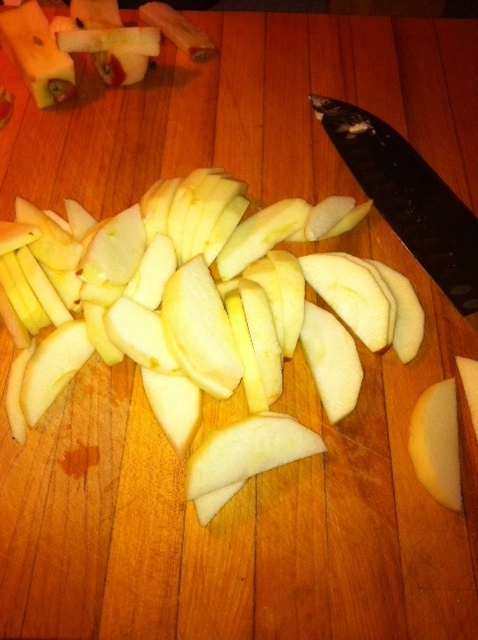 Peel, core and slice apples.