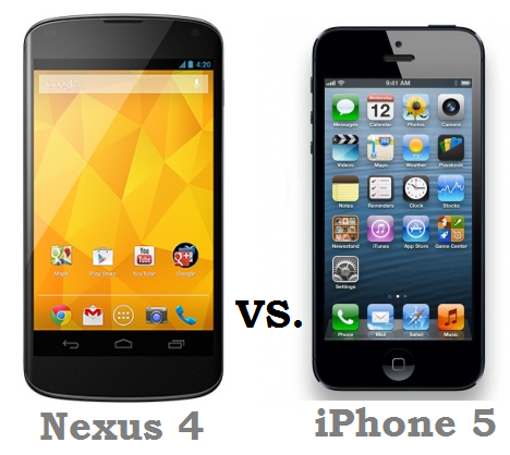 Two of the best and most popular current smartphone options - Google Nexus 4 (manufactured by LG) and Apple iPhone 5.