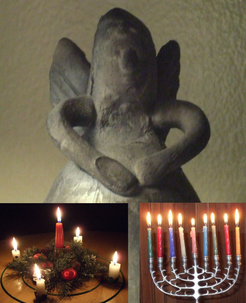 An angel watches over candles of Advent and Hanukkah.