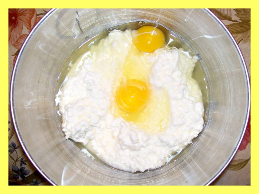 Prepare cottage cheese and mix with eggs, flour and salt.  Source:  Sharyn's Slant