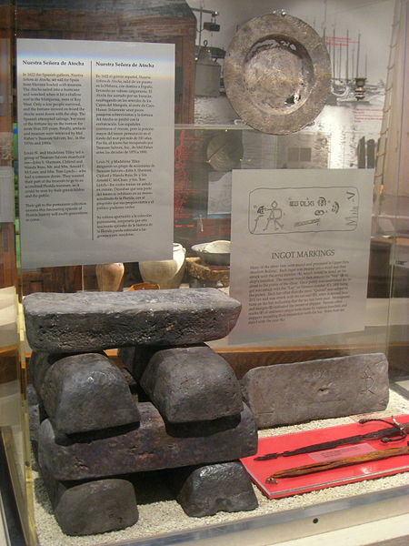 These silver ingots salvaged from the wreck of the Nuestra Señora de Atocha were photographed by Daderot on December 9, 2010.