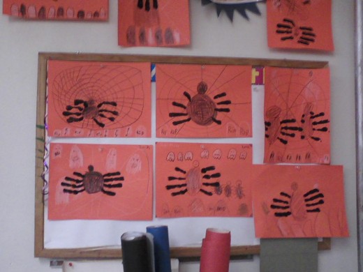 1st grade spiders, made with crayon and tempera paint