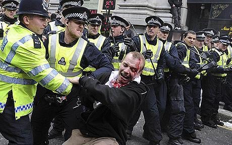 This protester was assaulted by the police at a London G20 protest. Similar assaults happen at other protests around the world, usually because the protesters want a say or practice free speech.