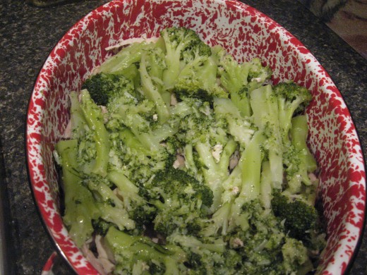 Layer cooked and drained broccoli over chicken.