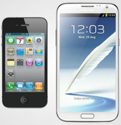 The huge difference in the display size of the Apple iPhone 4S (on the left) and the Samsung Galaxy Note II (on the right).