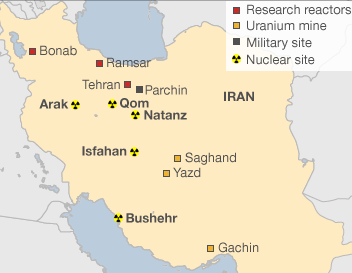 Map of civilian and proposed military facilities within the Iranian nuclear program.