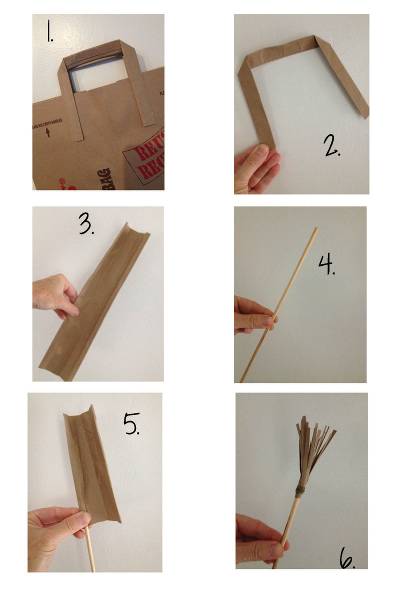 1. Use a paper grocery bag and 2. remove handle. 3. Unroll paper handle. 4. Wooden dowels can be found at baking and craft stores. 5. Glue paper handle around dowel and secure with twine (like a broom) 6. Snip paper to look like a broom.