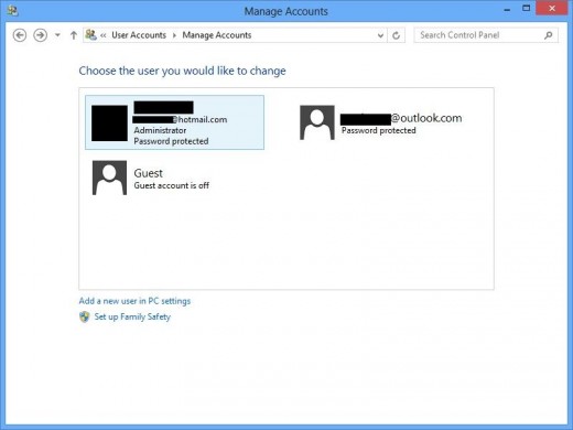 Select the user account you want to remove from your Windows 8 computer.
