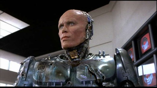 Peter Weller as Robocop with helmet off 