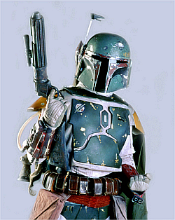 The famous bounty hunter Boba Fett actually wears the battle dress of a Mandalorian warrior.