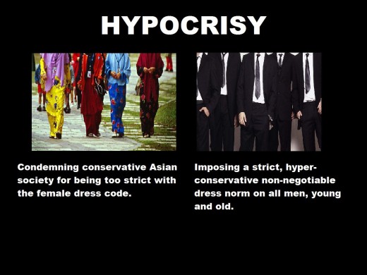 Before we condemn the dress restrictions conservative Asian/Muslim societies place on women, I think we should first think about the dress  restrictions we place on men in contemporary Western society.