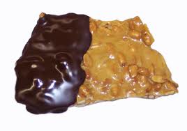 Peanut brittle dipped in melted chocolate.