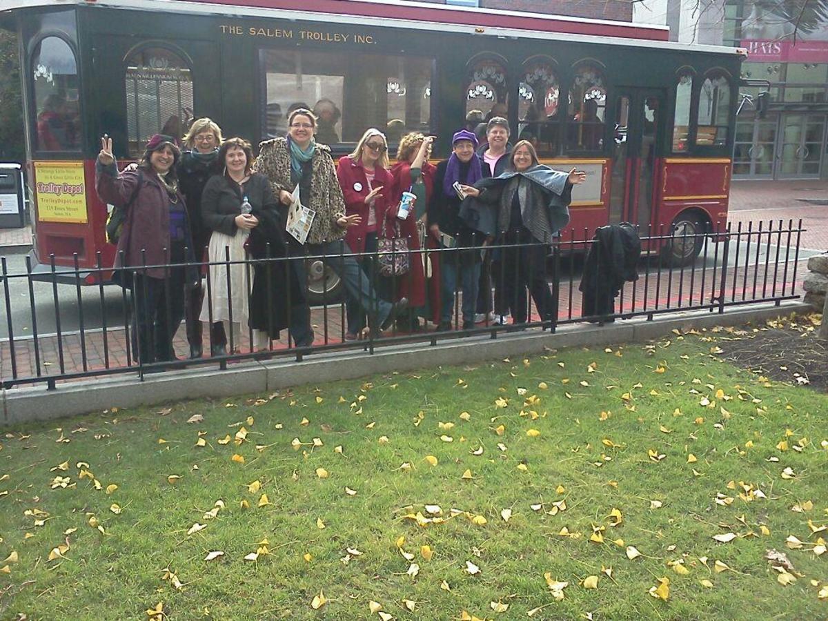 The group of us in front of the trolley we rode around Salem."Seafarer Mama" is on the far left of the picture.  Used with permission.