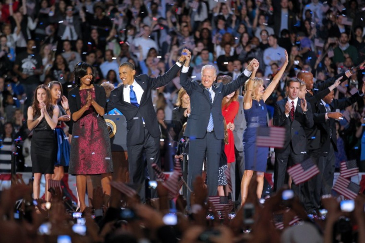 President Obama and Vice President Biden and their famiiies celebrate their victory with the crowd on Nov 7. 2012- Obama had just been re-elcted with a mandate by the Americans people/voters