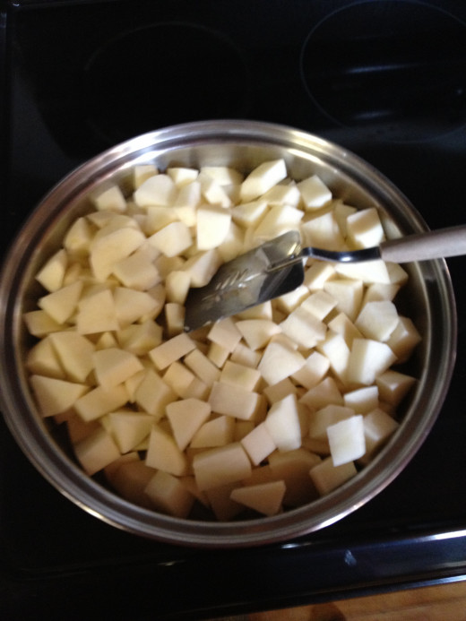 The potatoes cut in appropriately sized pieces ... sauteing in skillet.